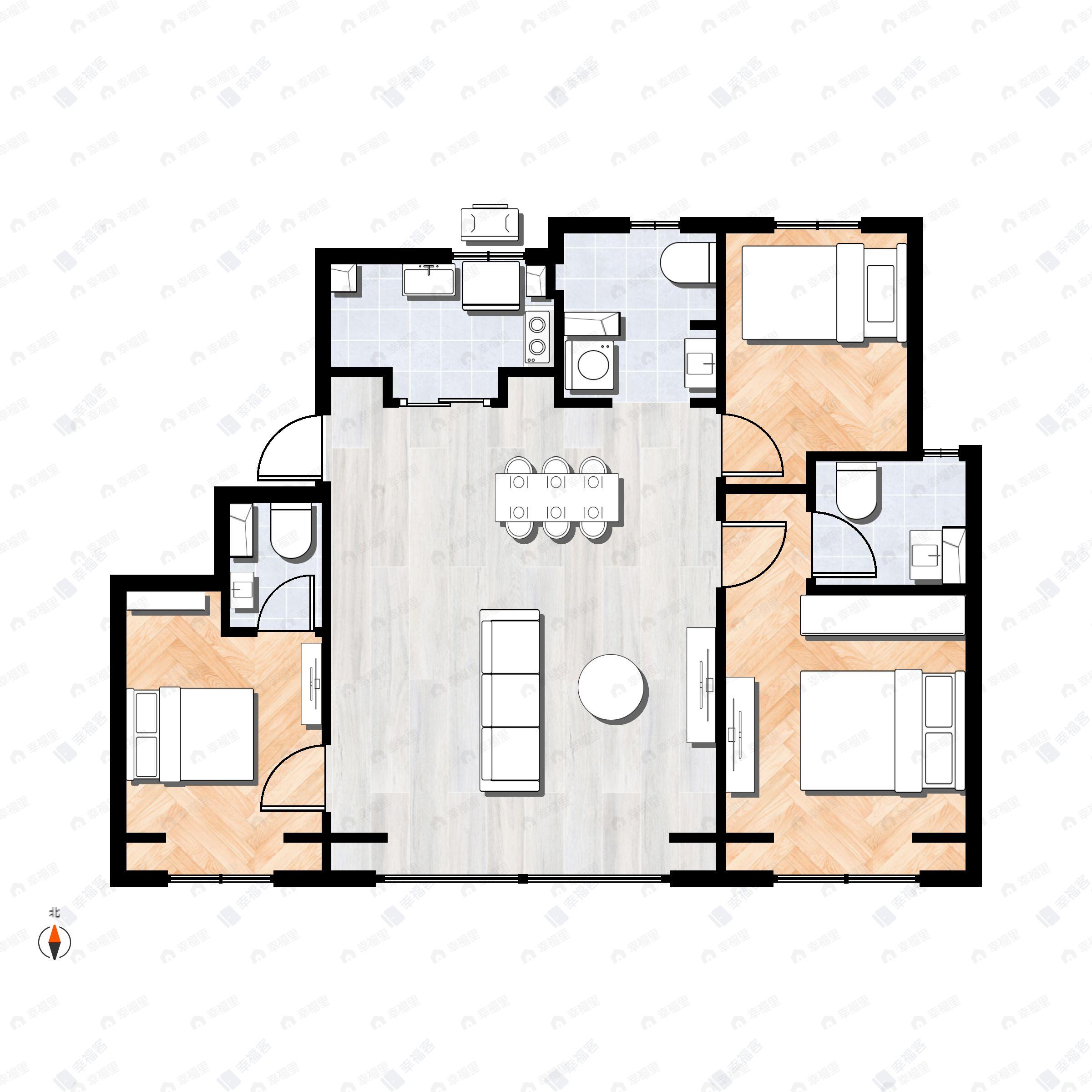 3室2厅3卫建面124平南|北户型图