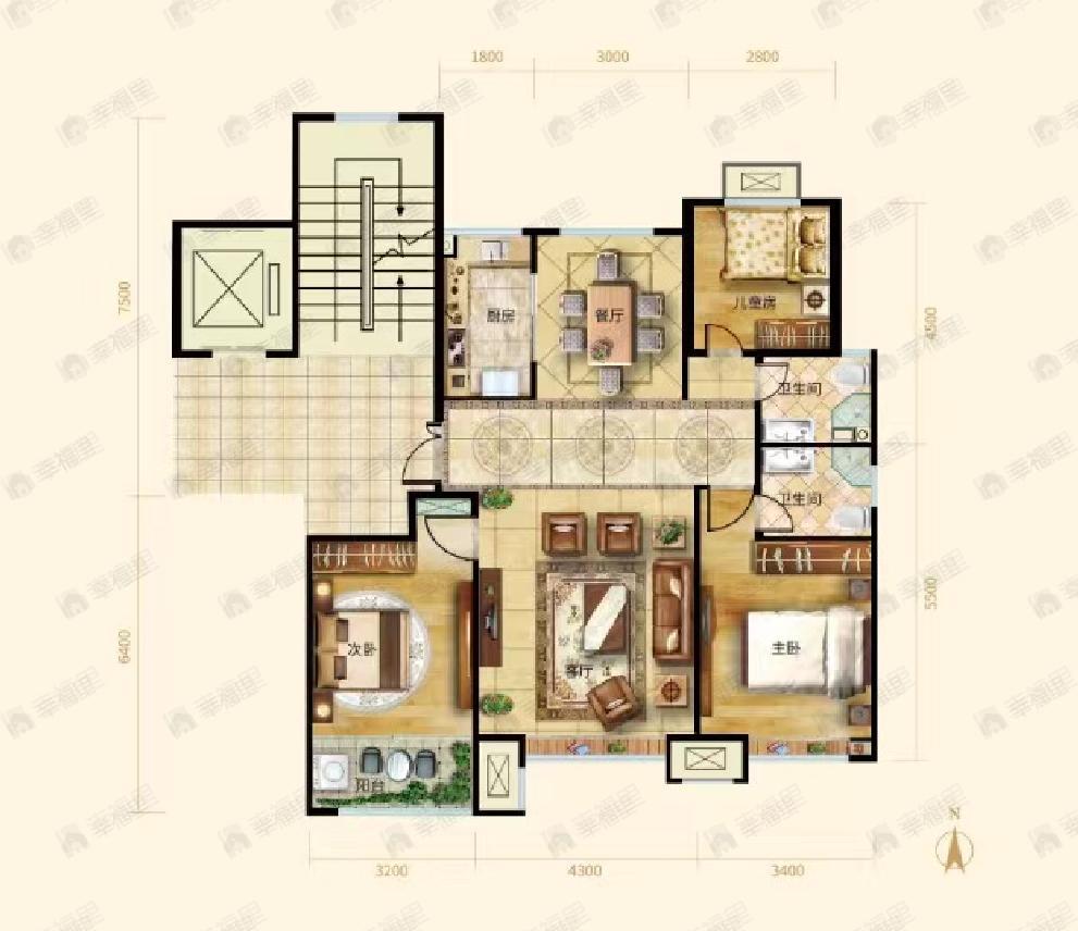 3室2厅2卫建面128平南户型图