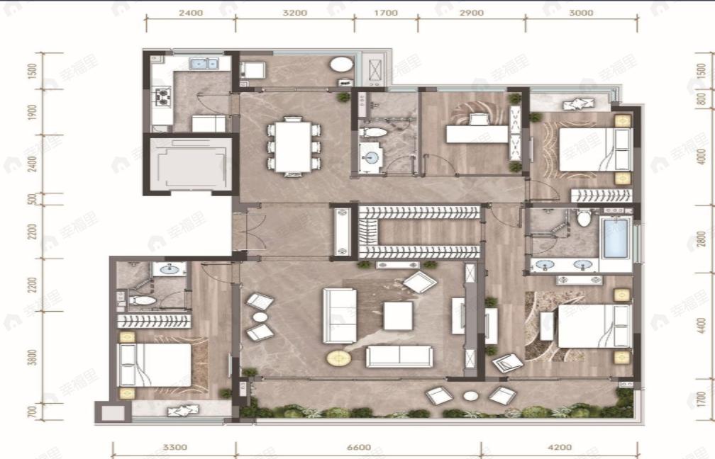 4室2厅3卫建面199平南户型图