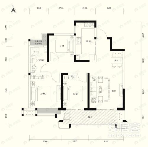 3室2厅1卫建面104平户型图