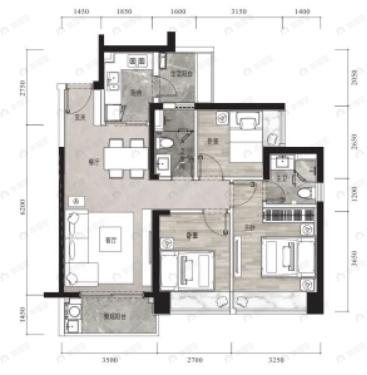 盛璟润府3室2厅2卫户型图