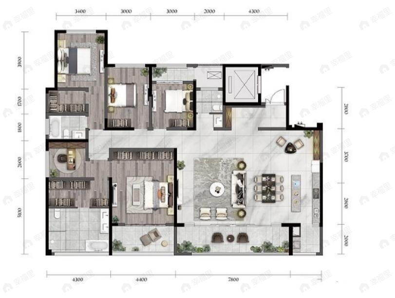 华侨城嘉陵江天4室2厅3卫户型图