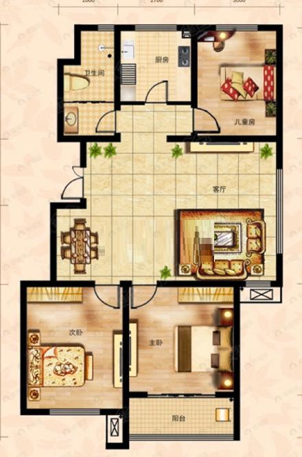上城府第3室2厅1卫户型图