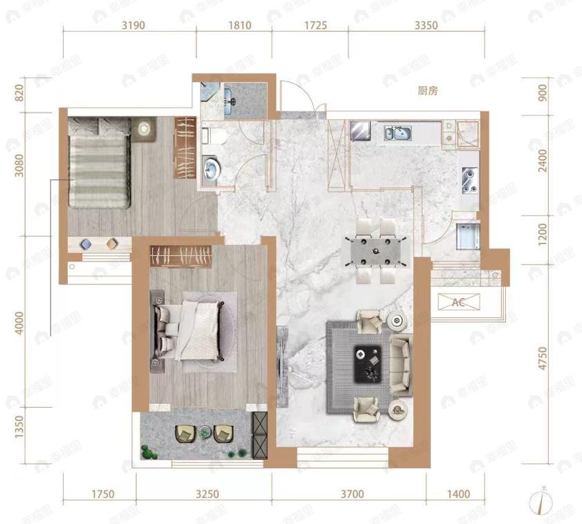 首创天阅海河2室2厅1卫户型图