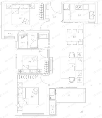 长江投开保利汉口印3室2厅1卫户型图
