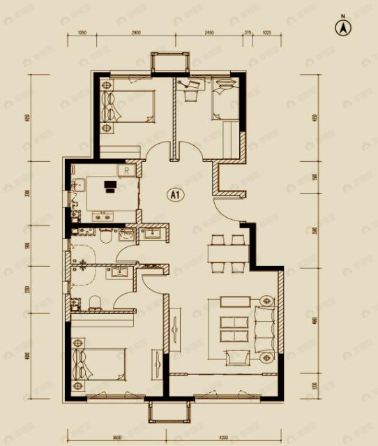 3室2厅2卫建面129平南|北户型图