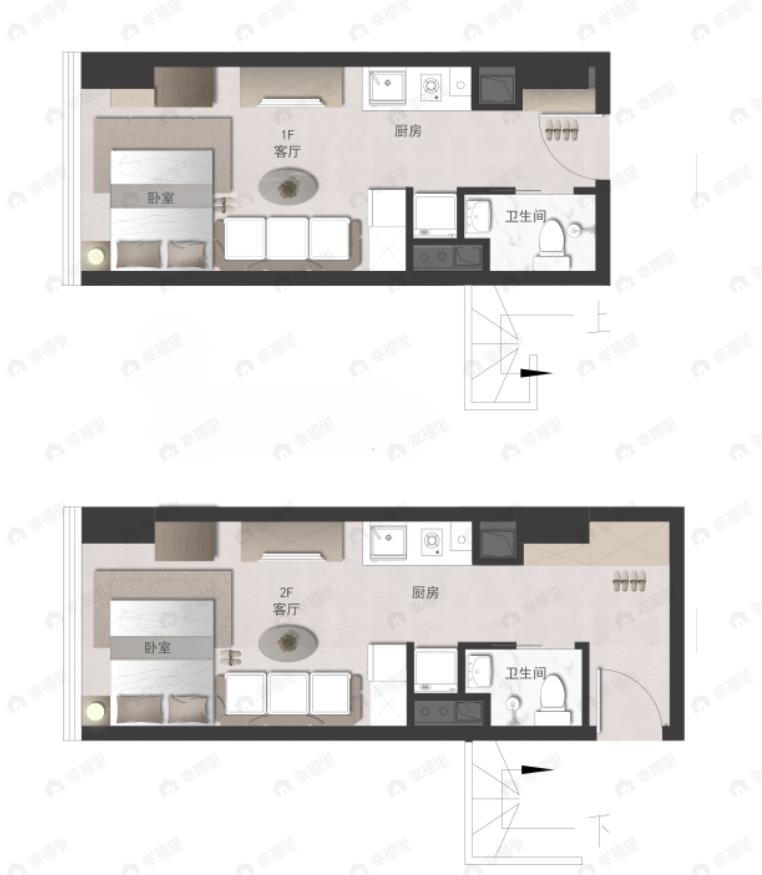 2室2厅2卫建面32m²西户型图
