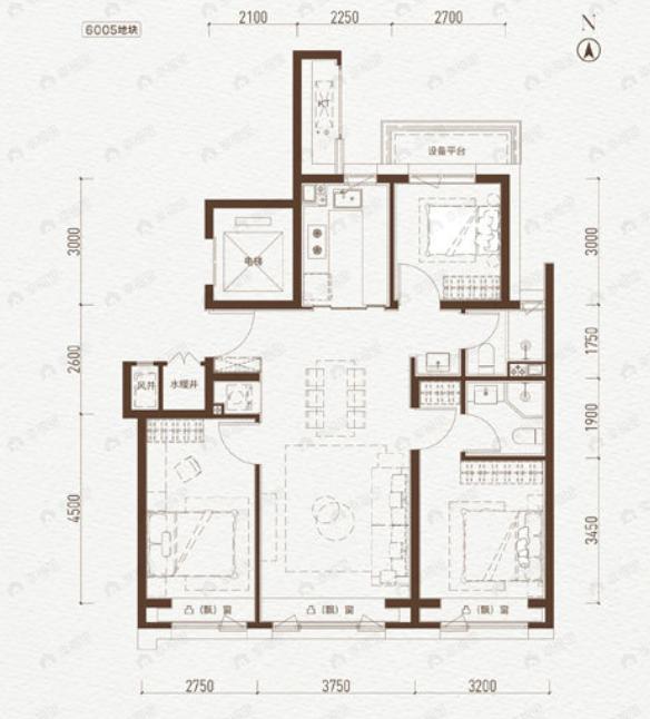 西红门橡树湾三期3室2厅2卫户型图
