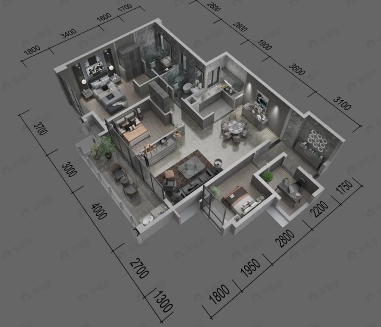 3室2厅2卫建面127m²西南户型图