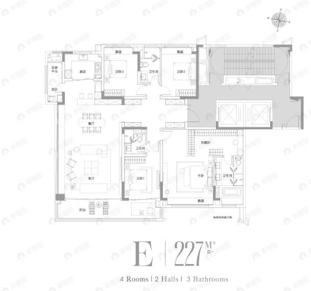 4室2厅3卫建面227平户型图