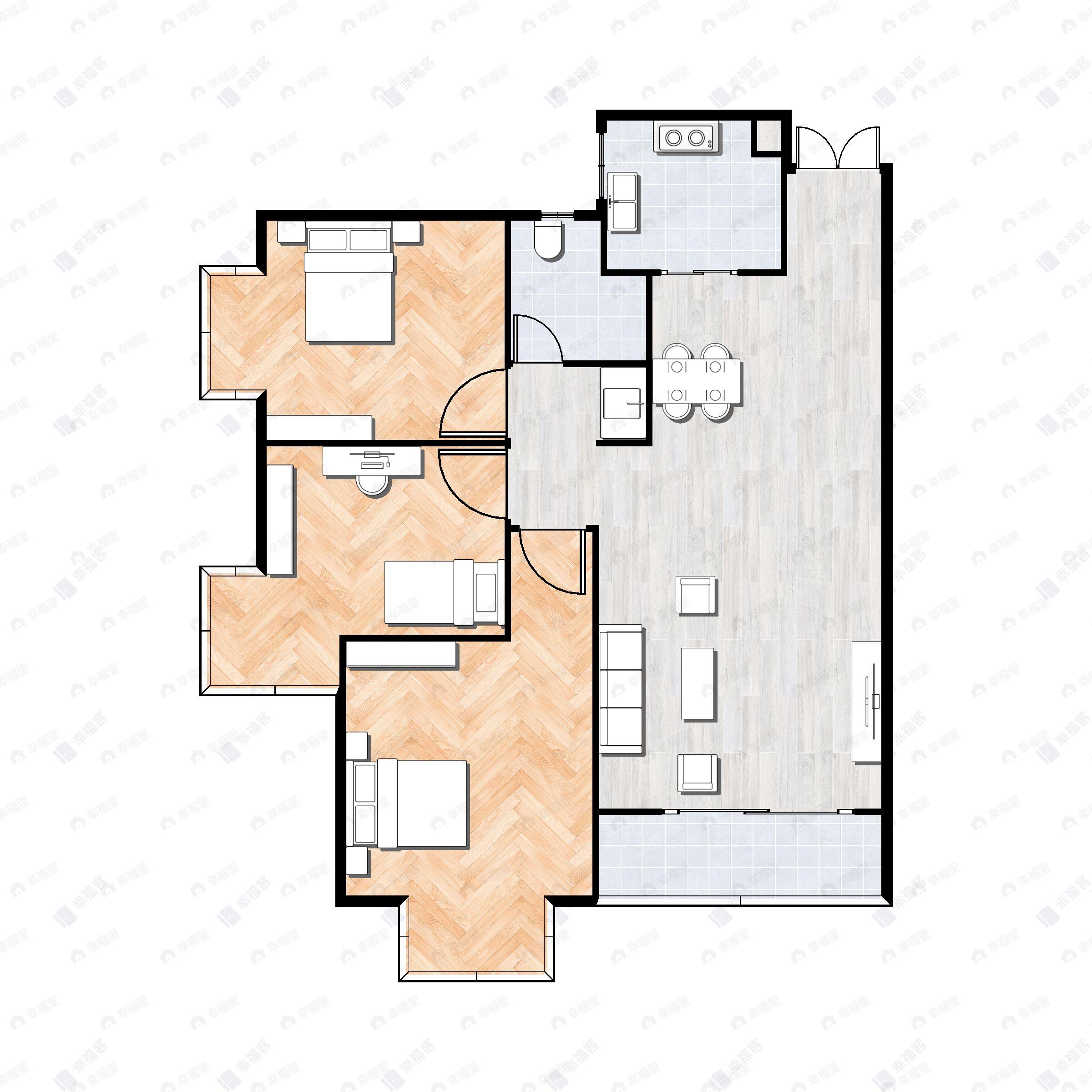 3室2厅1卫建面96平南户型图