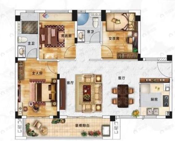 碧桂园大学印象3室2厅2卫户型图