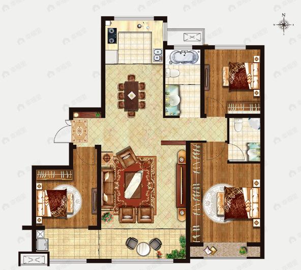 学府名著3室2厅2卫户型图