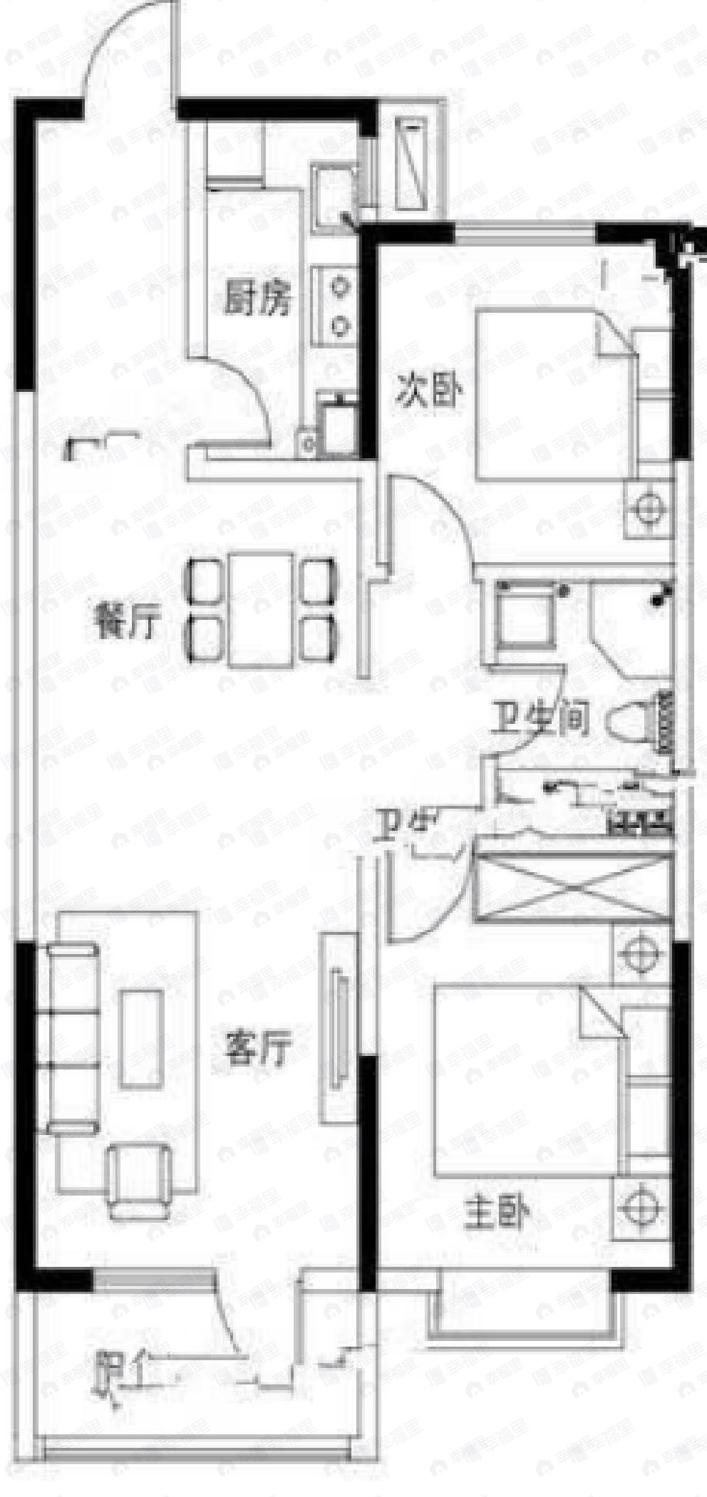 2室2厅1卫建面94平北|南户型图