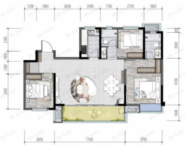 中铁城鉴湖栖郡3室2厅2卫户型图