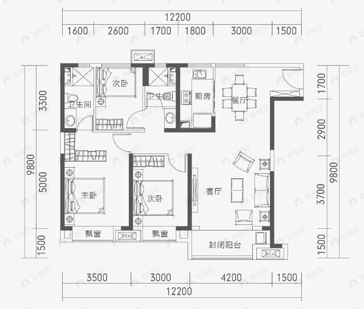 宝能城3室2厅2卫户型图