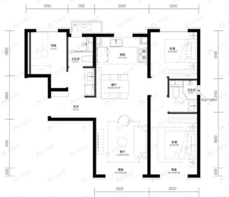 越秀·天玥3室2厅2卫户型图