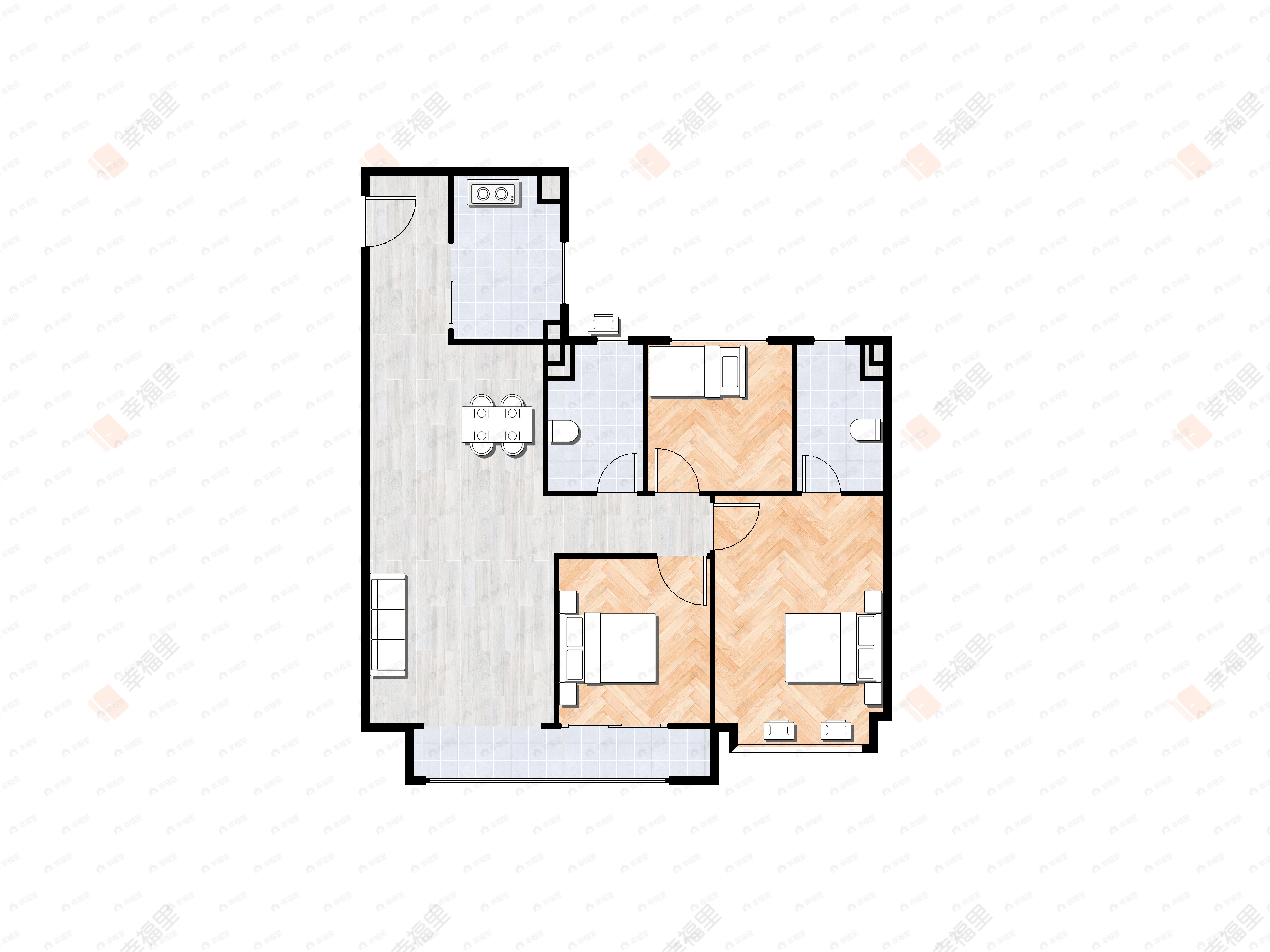 3室2厅2卫建面108m²北|南户型图