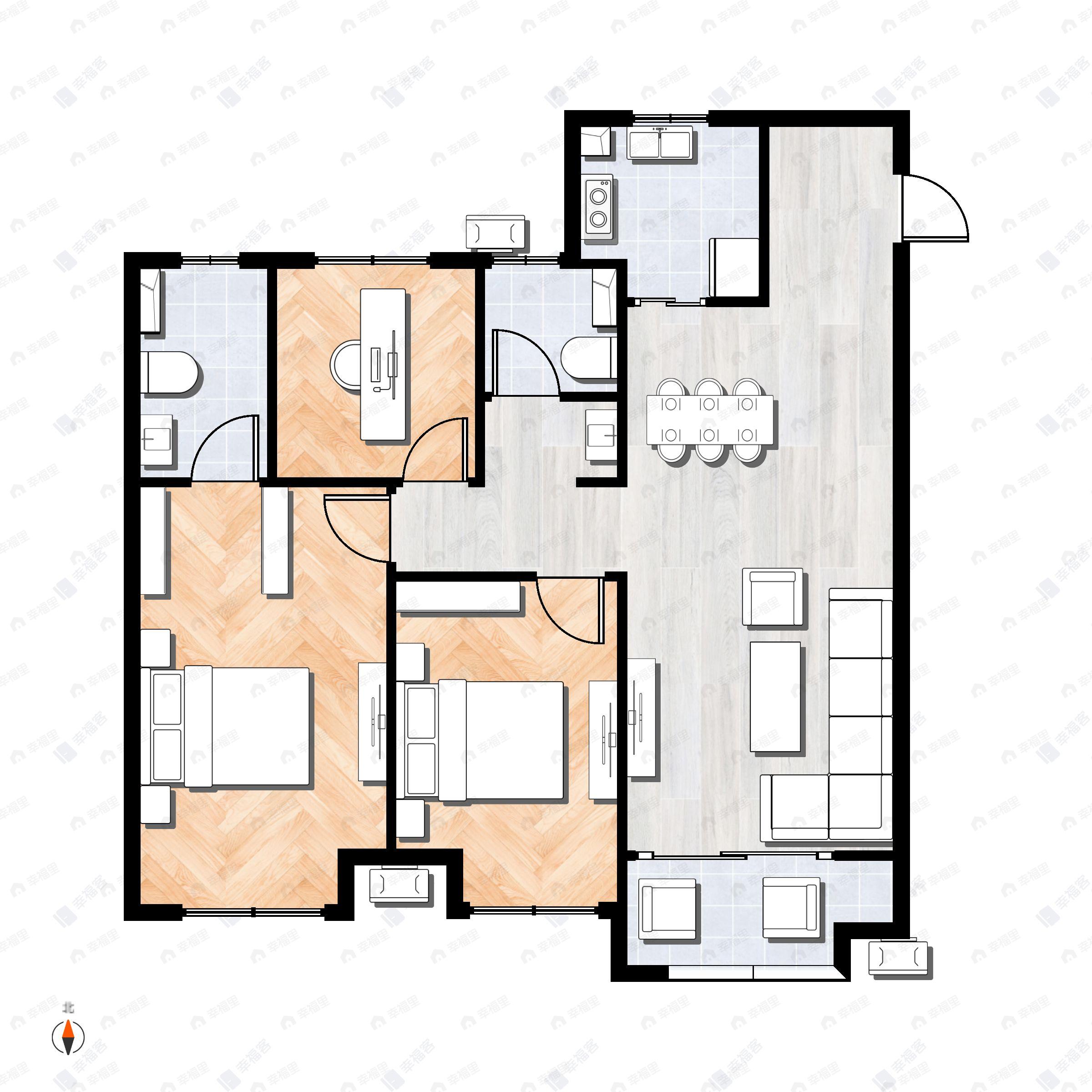 3室2厅2卫建面107平户型图