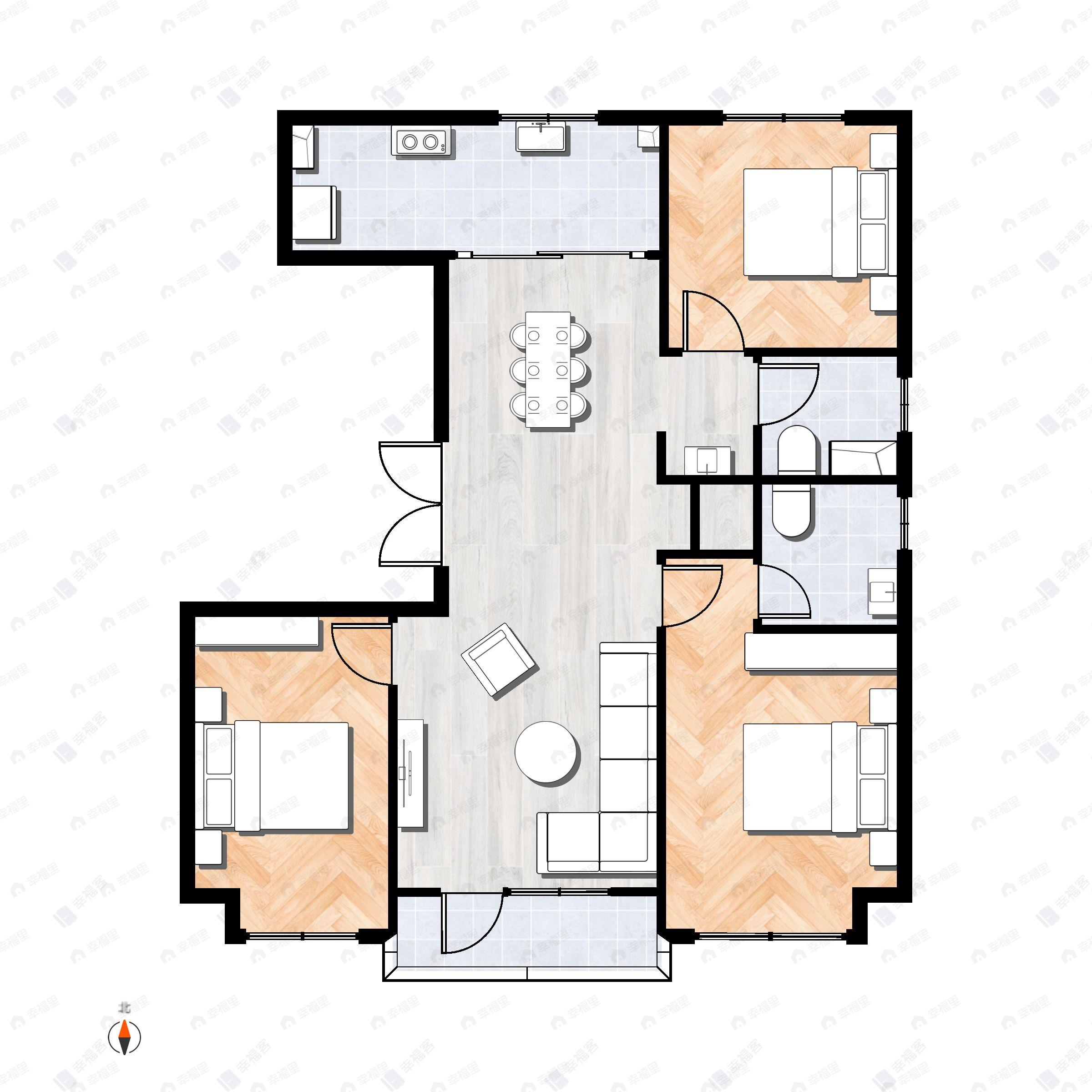 3室2厅2卫建面125平东|南|北户型图