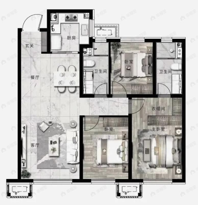 中海源境云起3室2厅2卫户型图