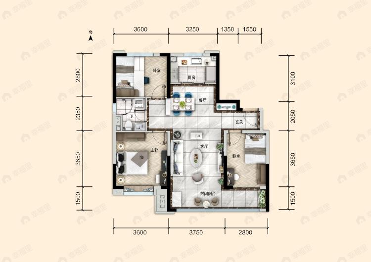 3室2厅1卫建面115平南户型图