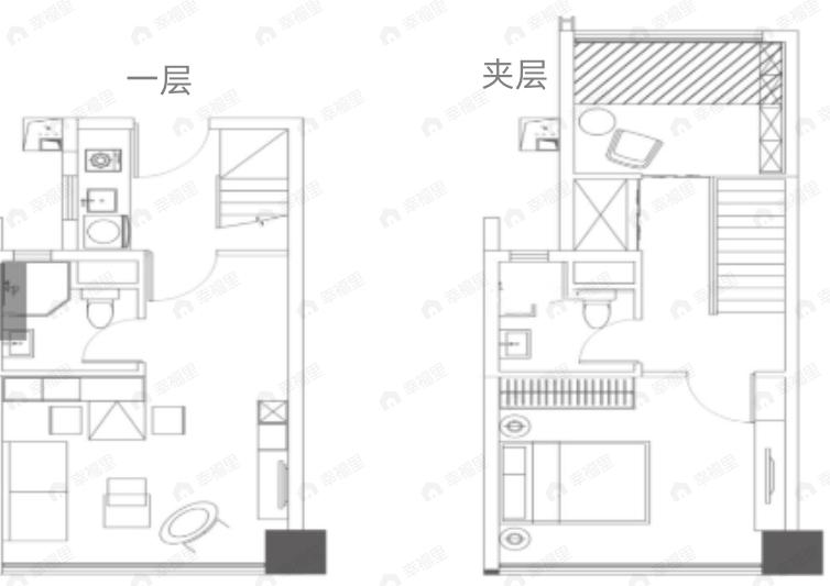 2室1厅2卫建面45平户型图