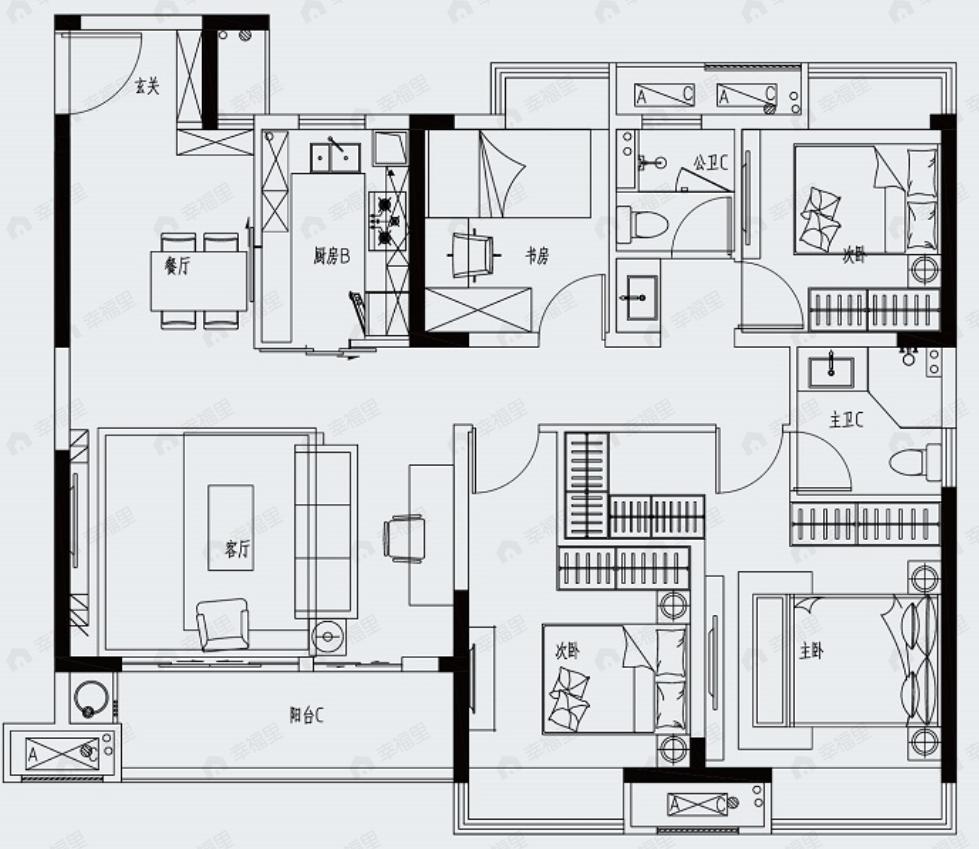 绿梦洪州书院4室2厅2卫户型图
