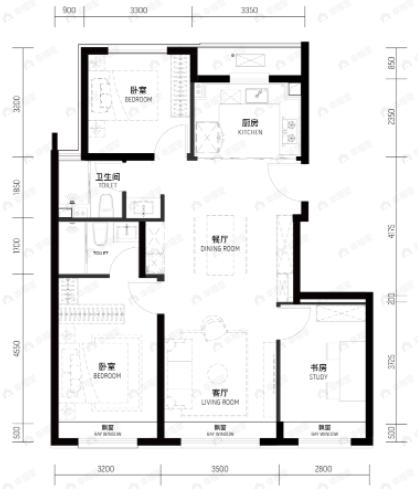 越秀·天玥3室2厅2卫户型图