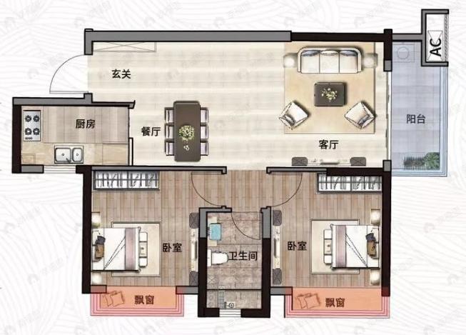 悦桂绿地新世界2室2厅1卫户型图