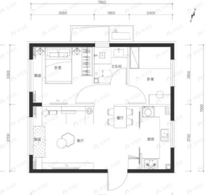 北京城建国誉燕园2室1厅1卫户型图