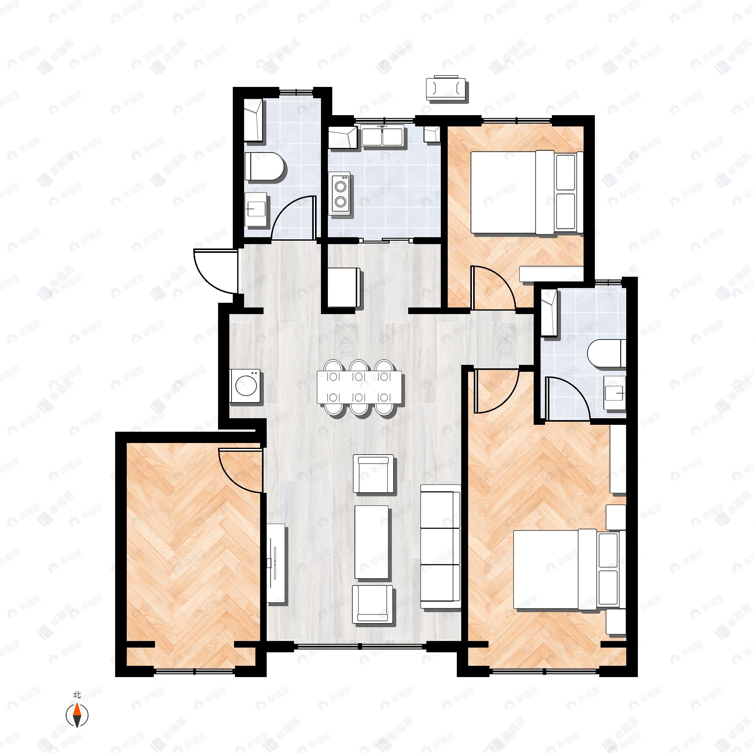 3室2厅2卫建面130m²南|北户型图