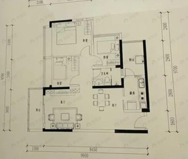 3室2厅2卫建面85m²东户型图