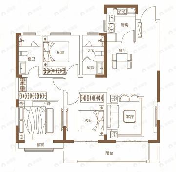 鑫联文景苑3室2厅2卫户型图