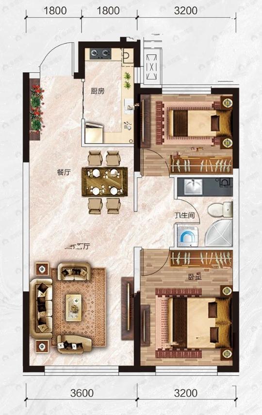 汇龙花溪半岛2室2厅1卫户型图