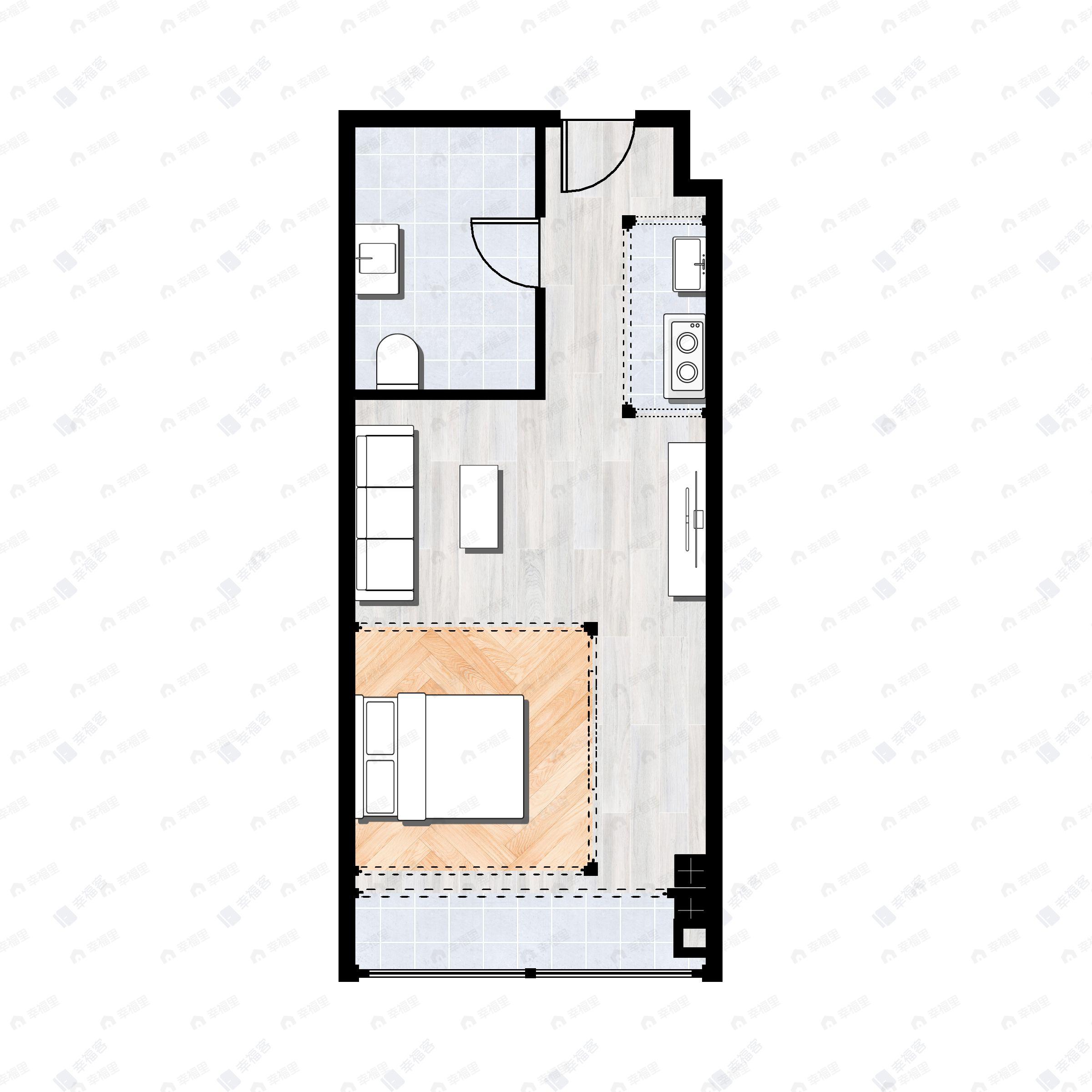 1室1厅1卫建面38m²南户型图