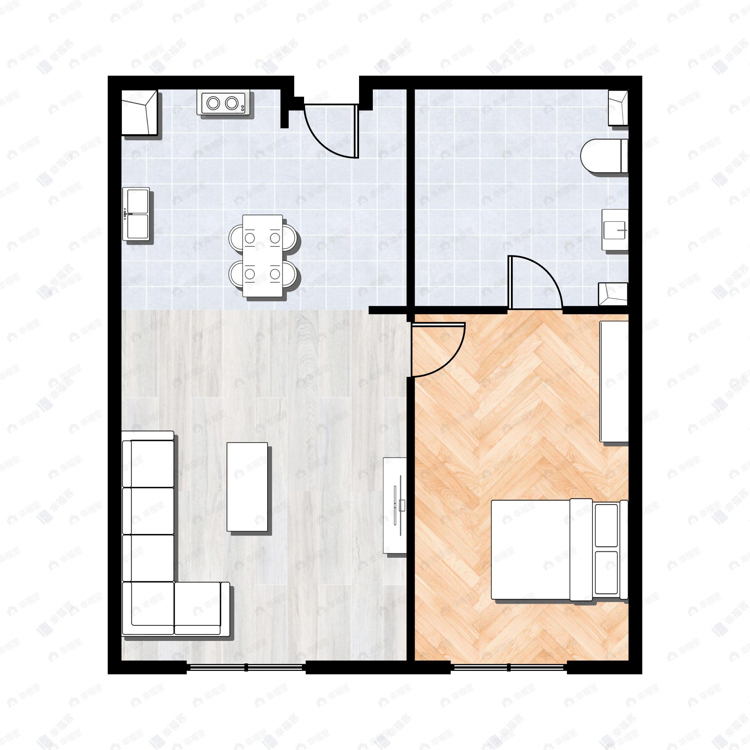 1室2厅1卫建面103m²南户型图