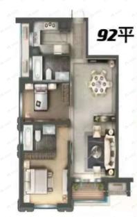 2室2厅2卫建面92平南|北户型图