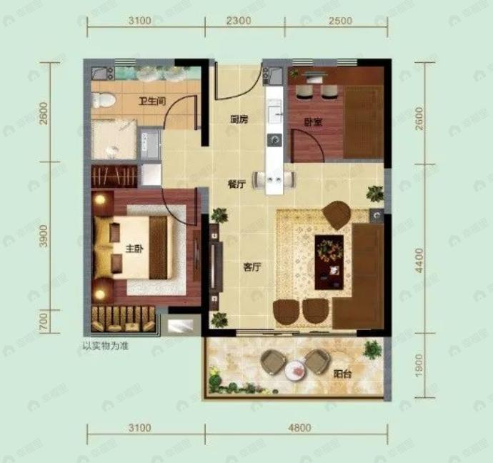悦菩提2室1厅1卫户型图