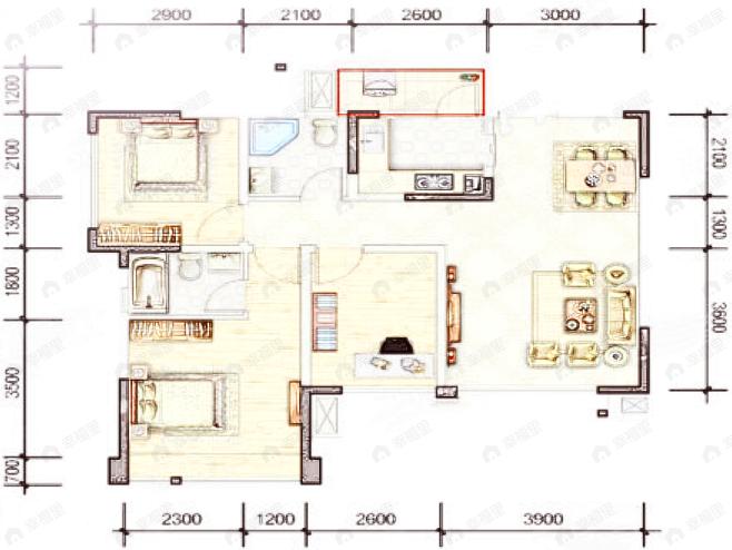 3室2厅2卫建面98平南户型图