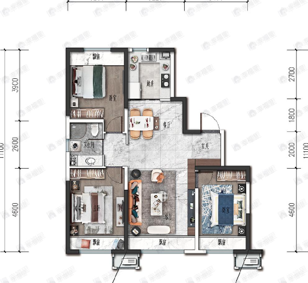 金地名峰2期3室2厅1卫户型图