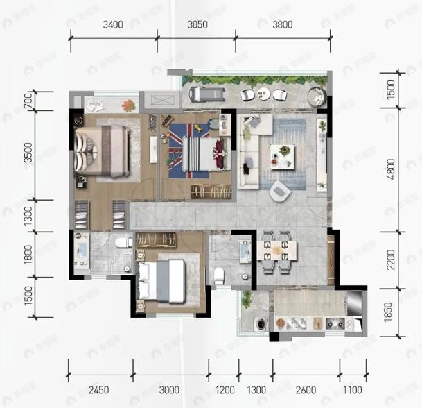 中梁御璟台3室2厅2卫户型图