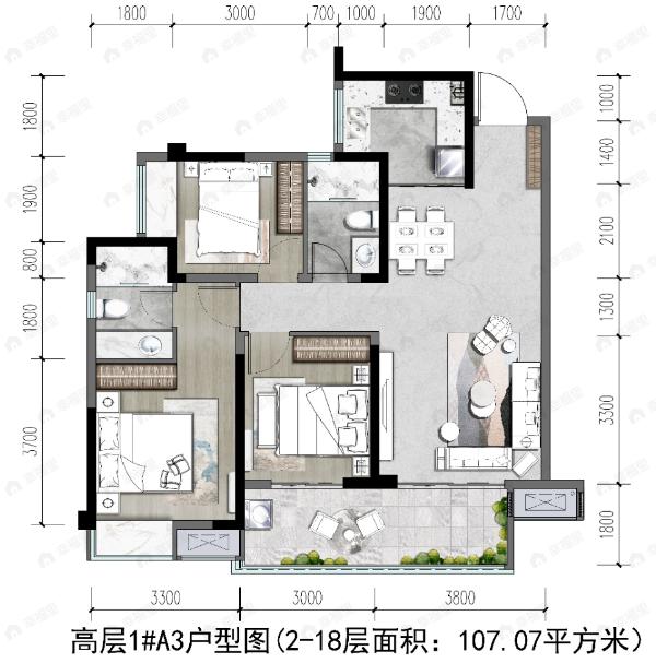 中铁城鉴湖栖郡3室2厅2卫户型图