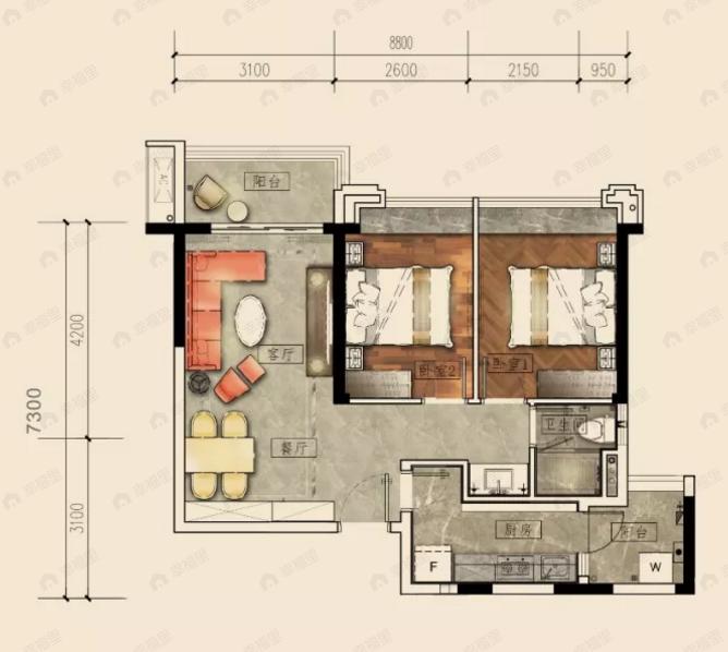 方圆流花月岛2室2厅1卫户型图