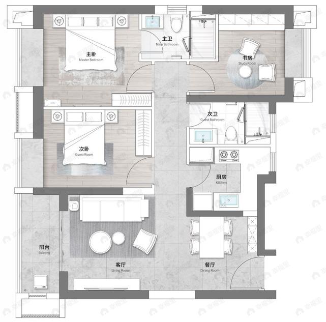 长江悦3室2厅2卫户型图