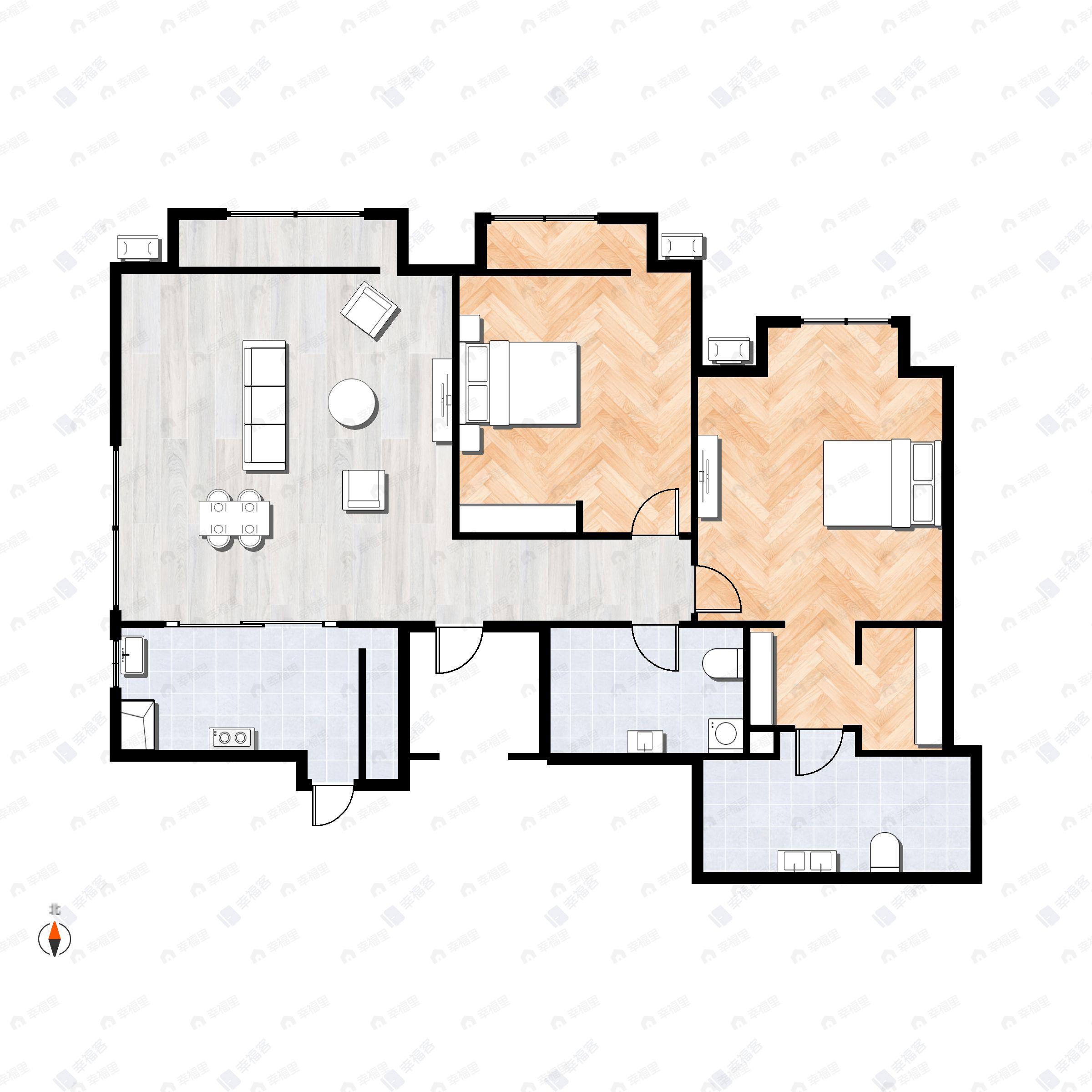 2室2厅2卫建面123m²西北户型图