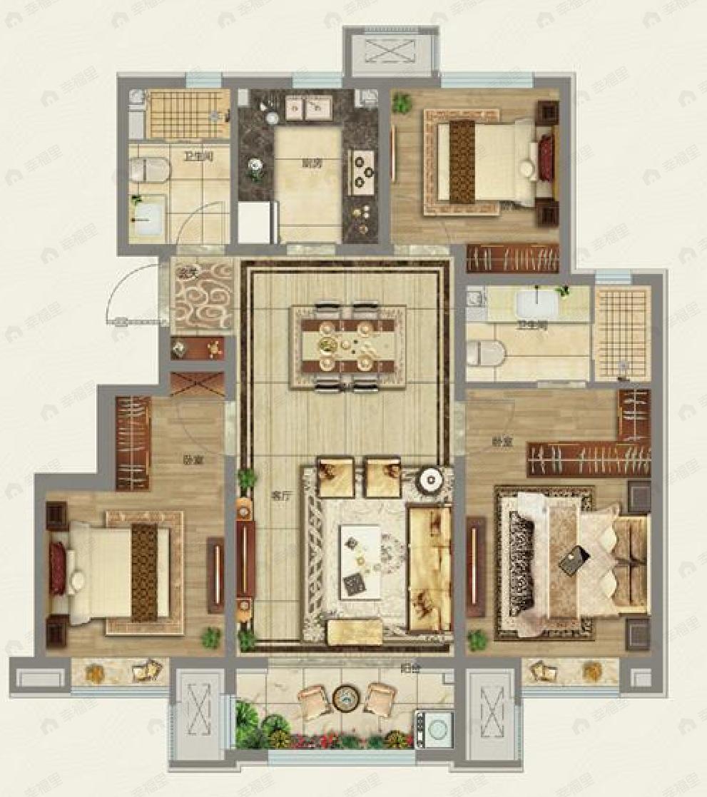 3室2厅2卫建面106平户型图