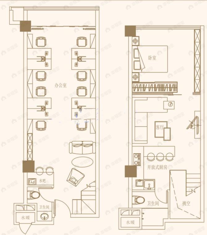1室2厅2卫建面57平户型图