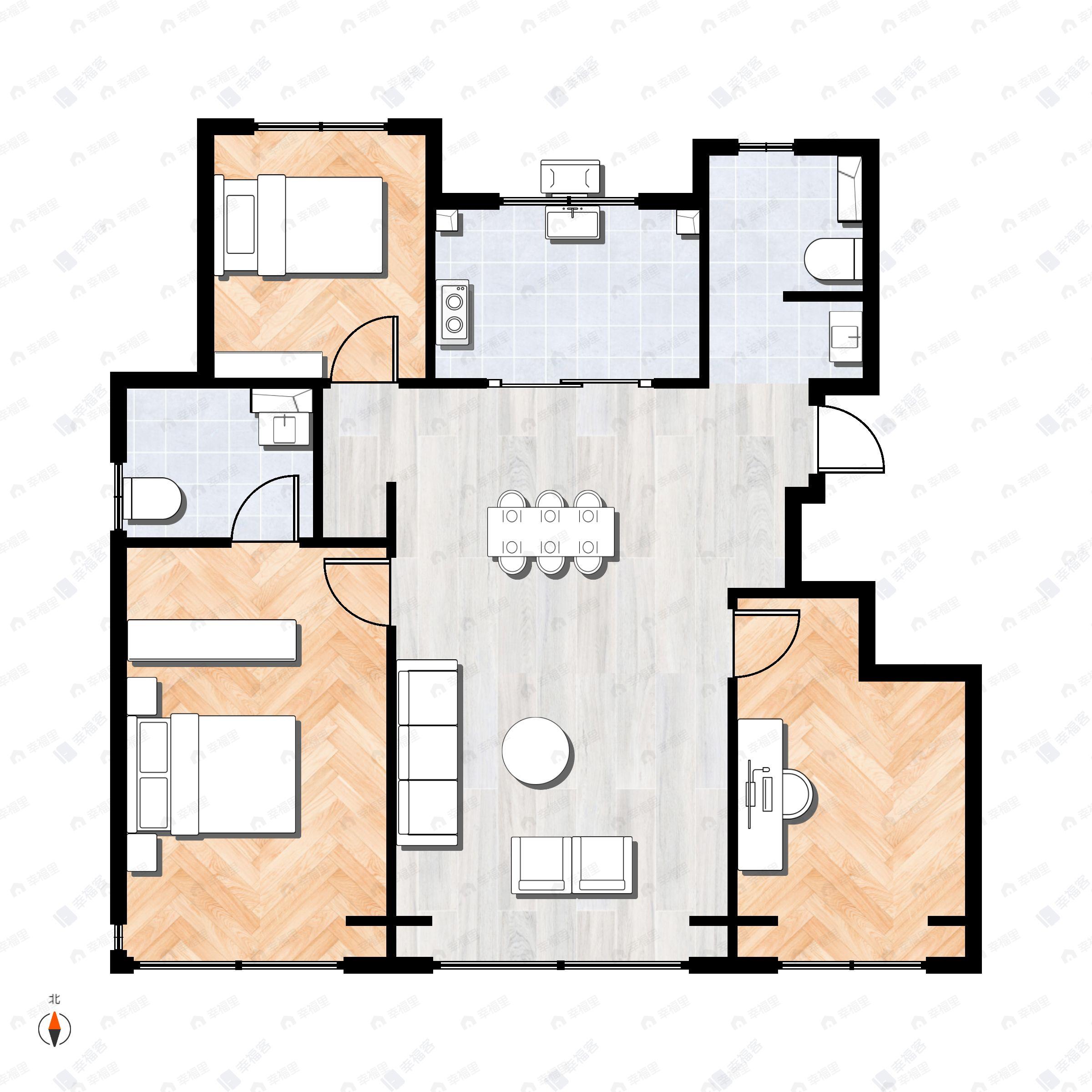 3室2厅2卫建面132m²南|北户型图