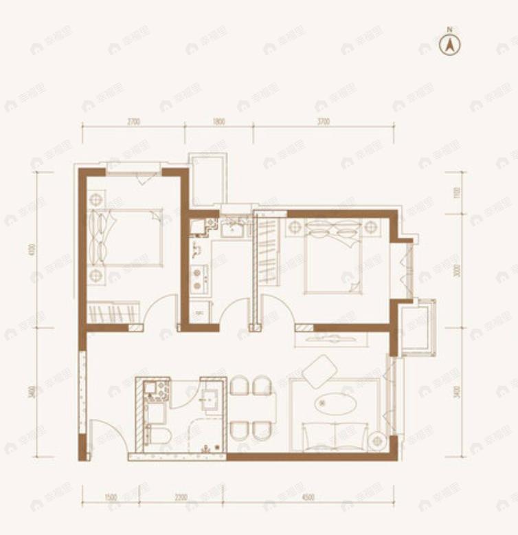 2室2厅1卫建面80m²东|北户型图